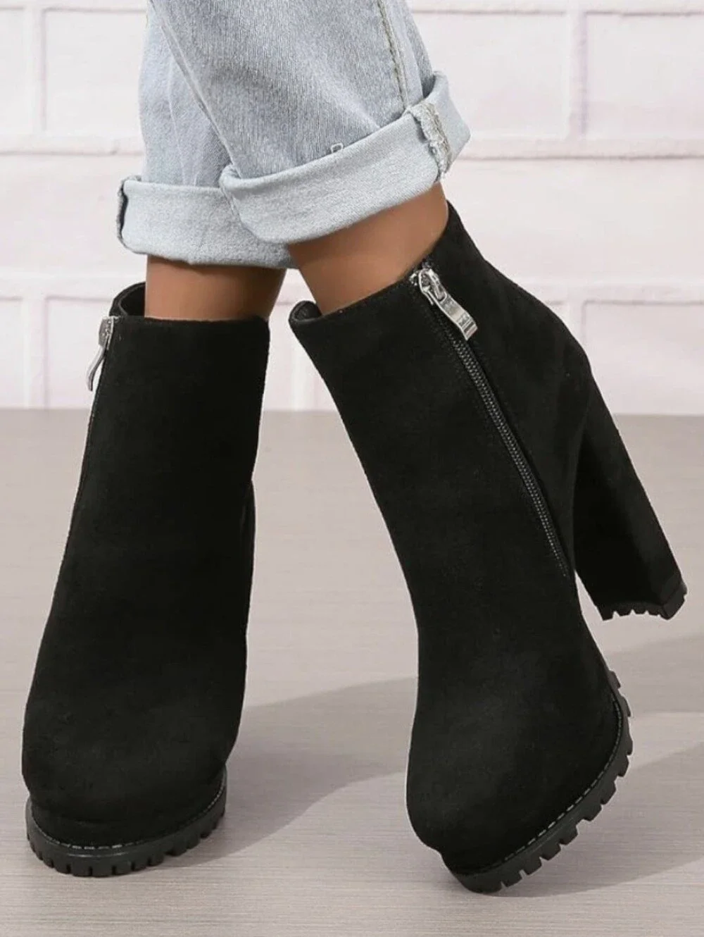 NIB Platform Chunky Block Heel Lug Sole Chelsea Boot | Black Suede | 8